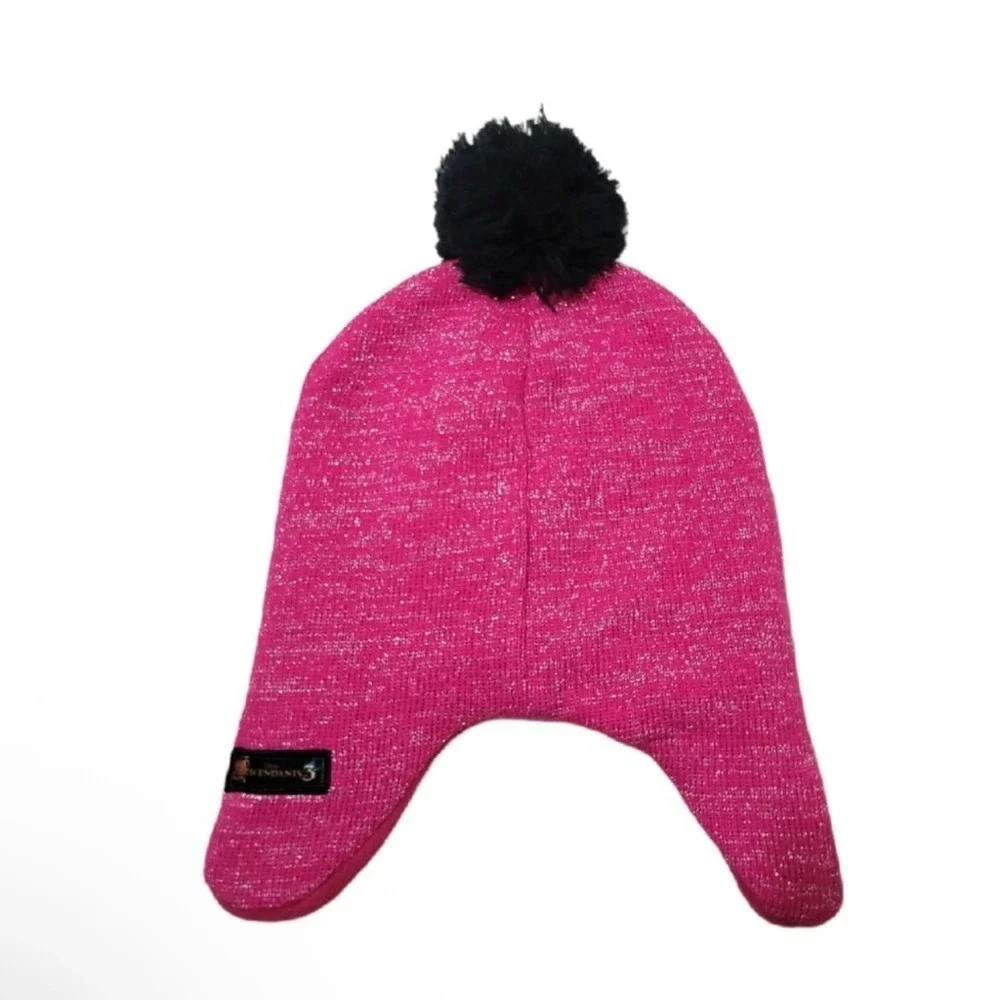 Disney Descendants 3 Girls Beanie Hat Pink Metallic Knit Pom Pom Ear Flaps NEW